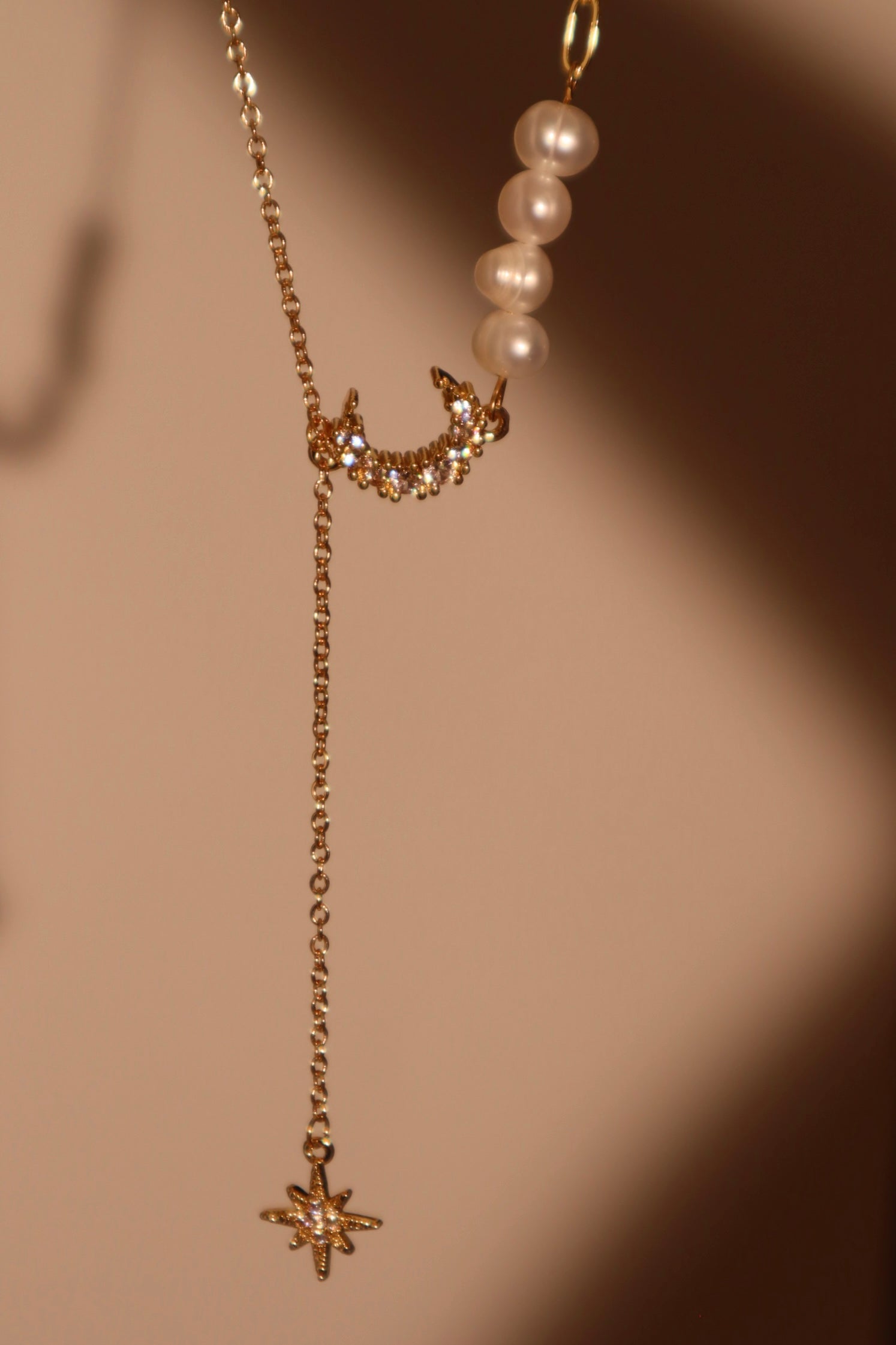 14K Real Gold Plated Pearl Moon Star Necklace