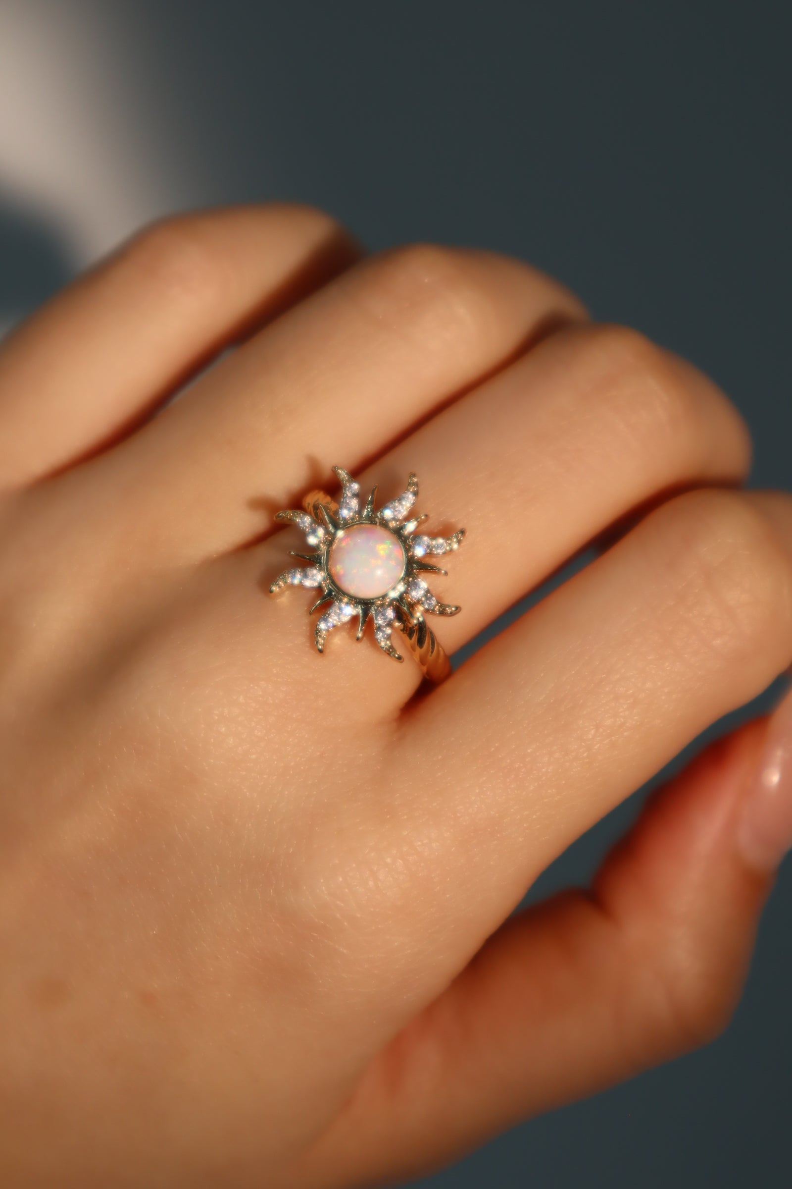 14K Real Gold Plated White Opal Sun Ring