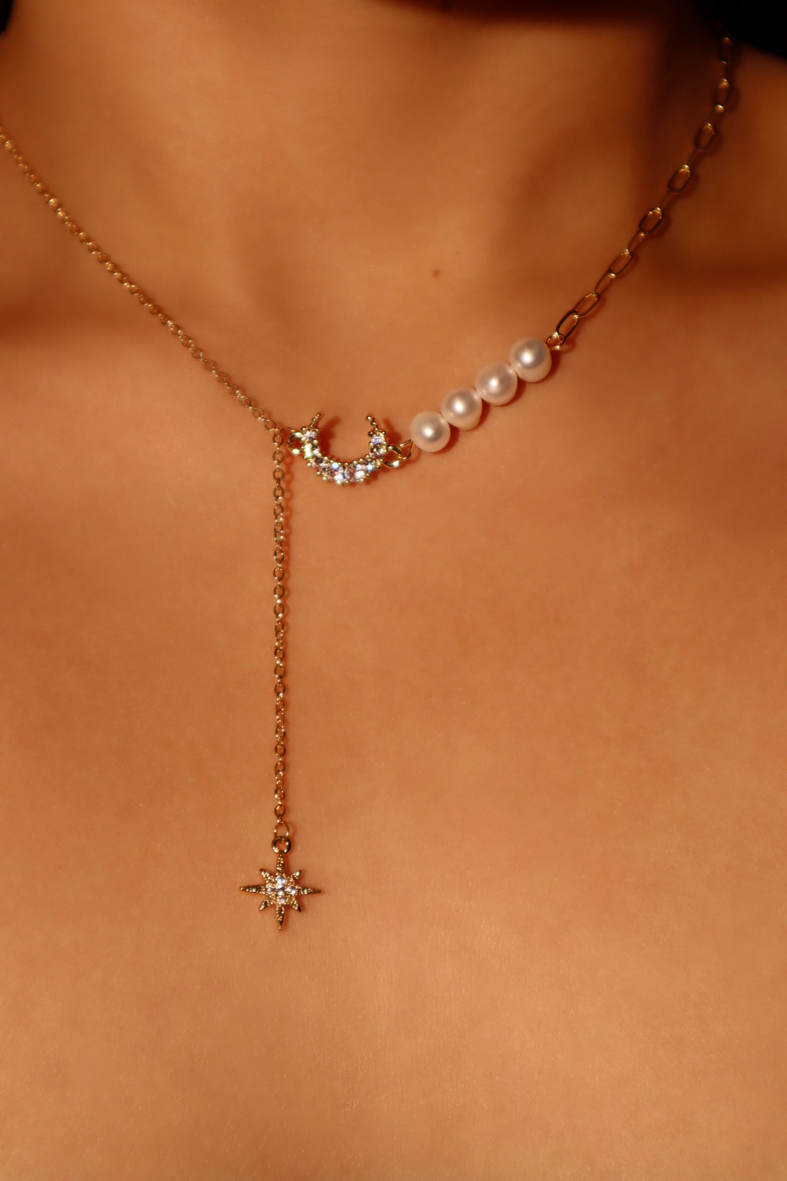 14K Real Gold Plated Pearl Moon Star Necklace