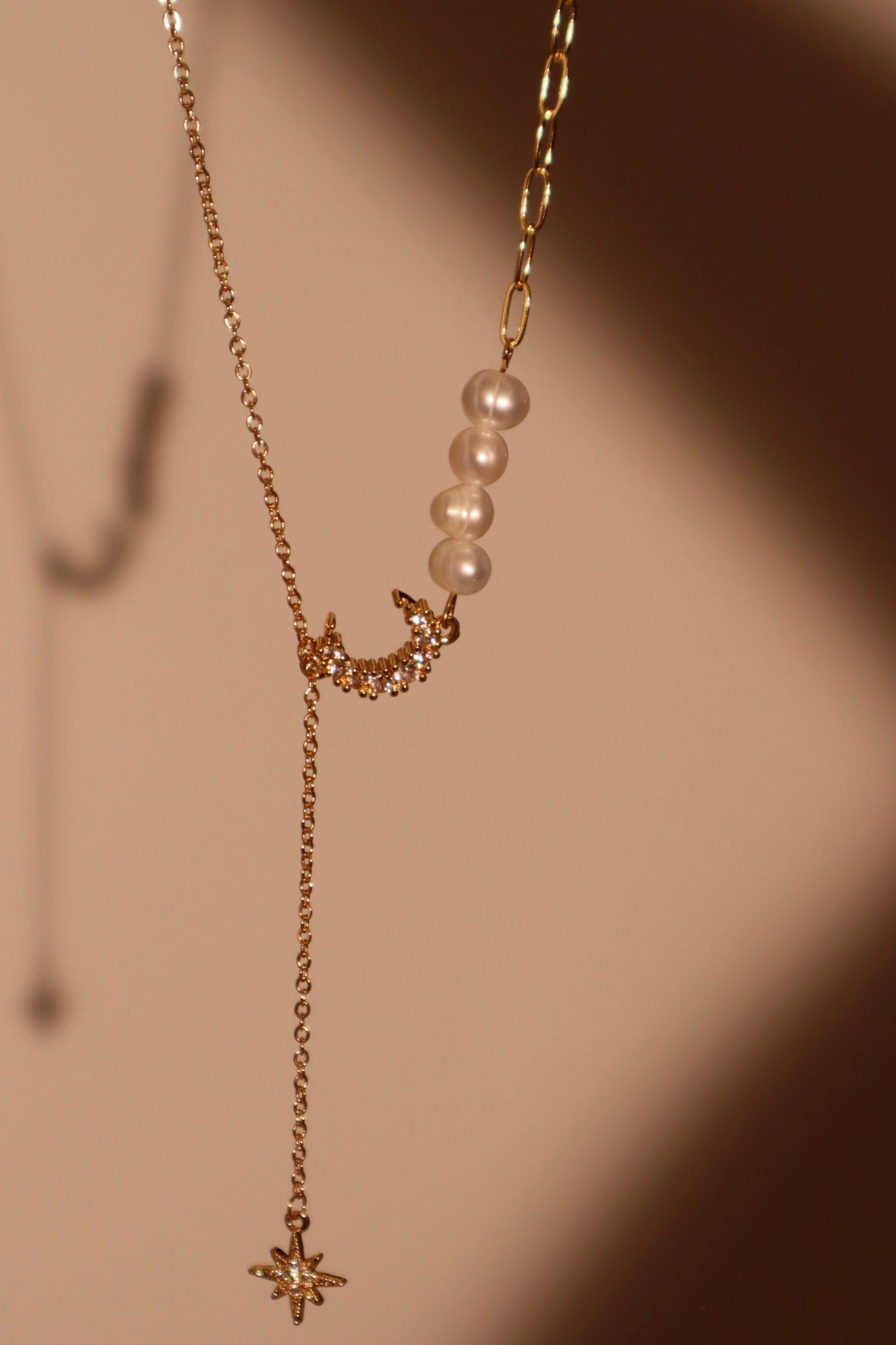 14K Real Gold Plated Pearl Moon Star Necklace