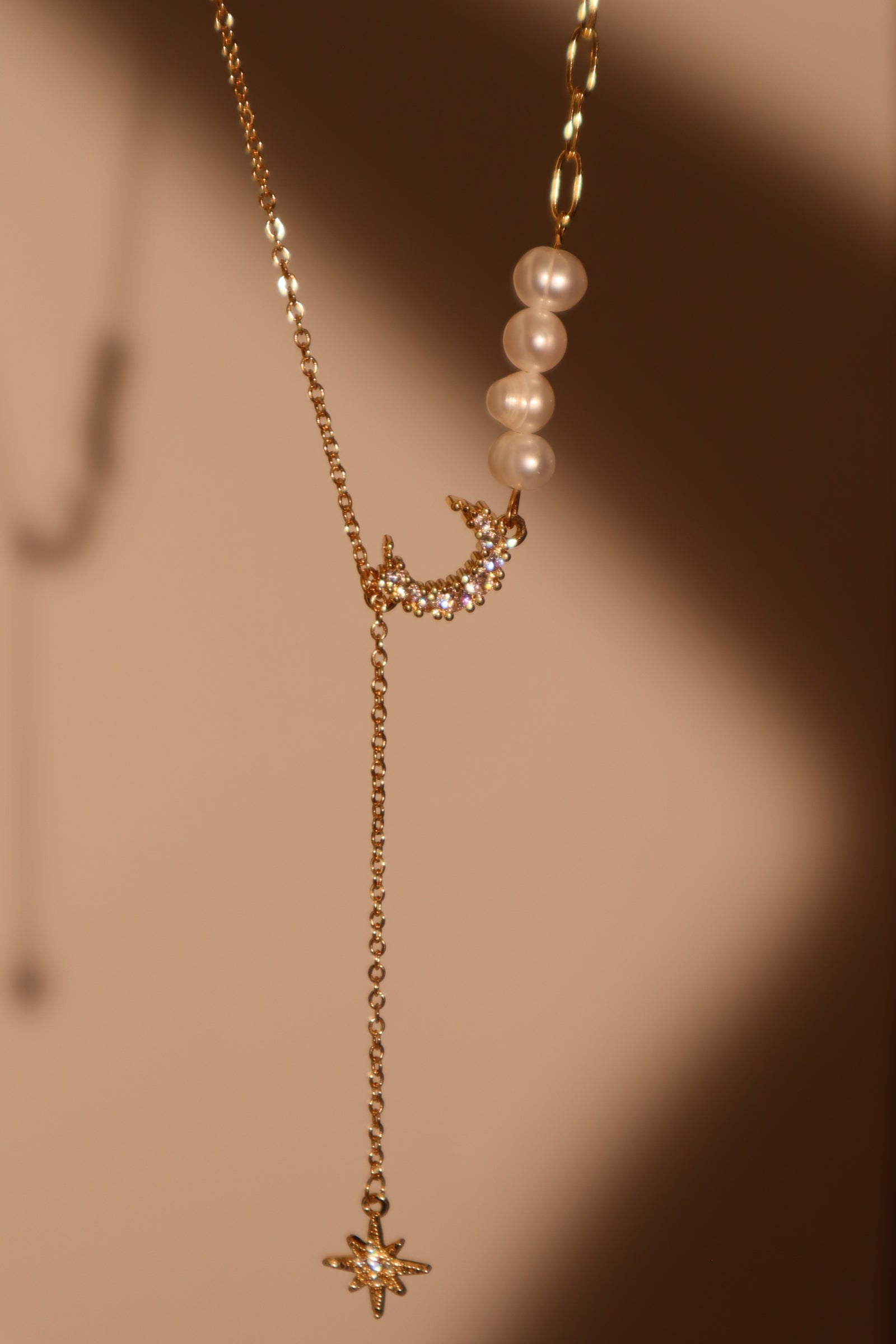 14K Real Gold Plated Pearl Moon Star Necklace