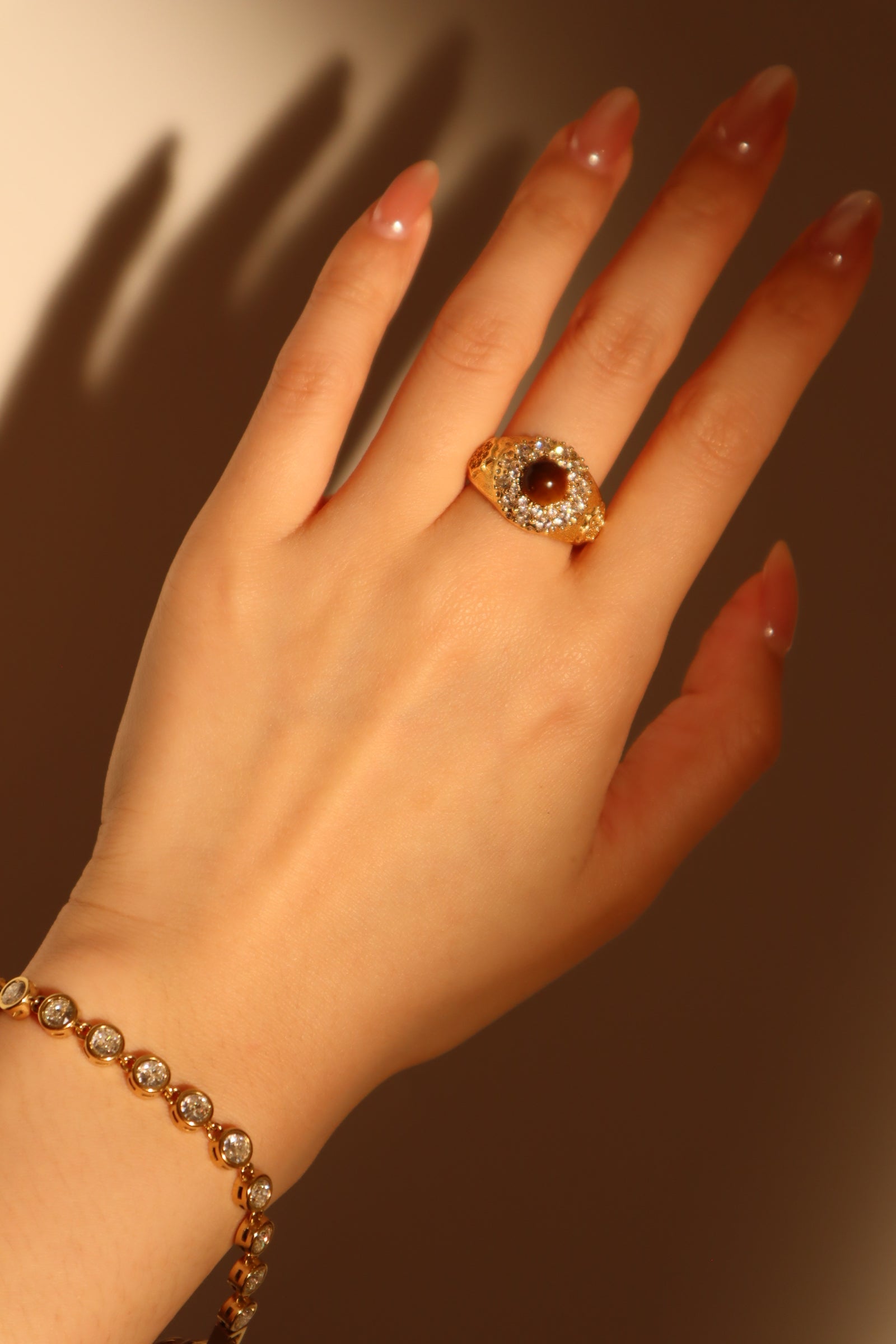 18K Real Gold Plated Tigerite Brown Gem Ring
