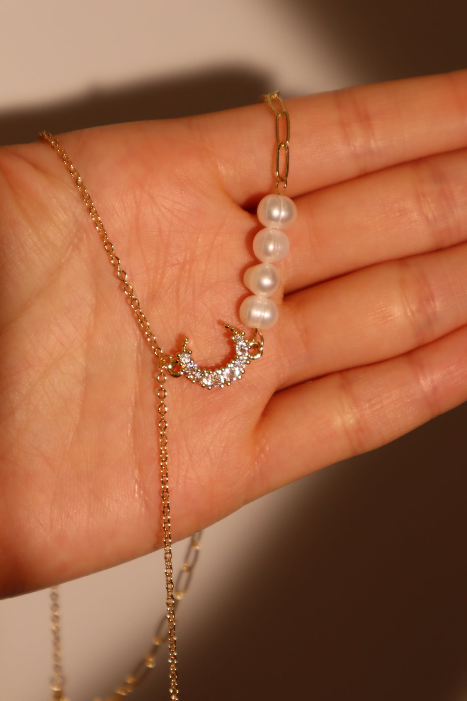 14K Real Gold Plated Pearl Moon Star Necklace