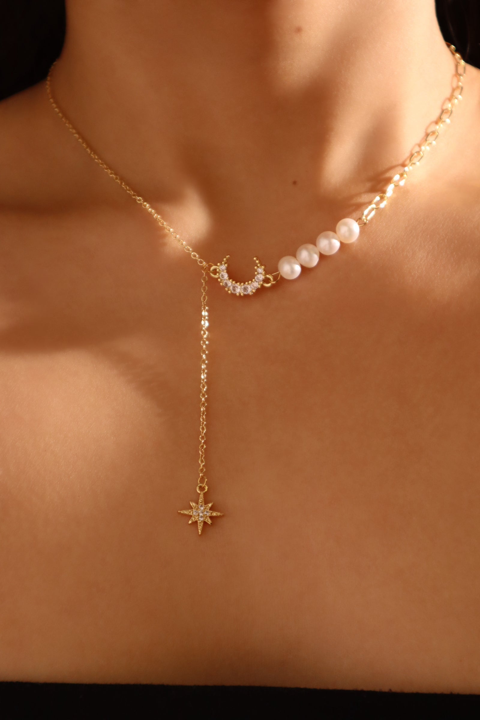 14K Real Gold Plated Pearl Moon Star Necklace