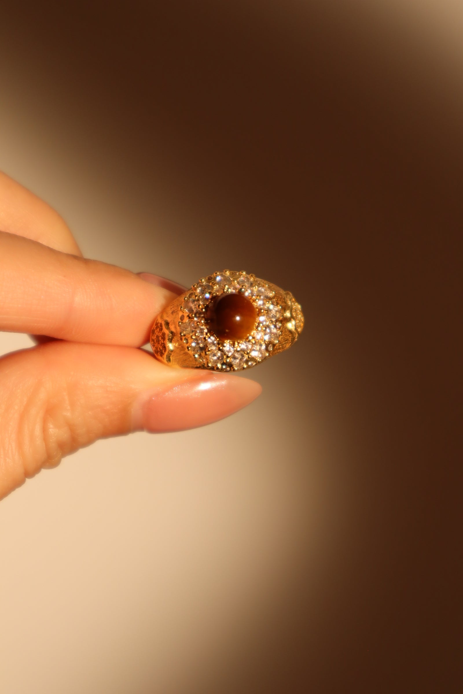 18K Real Gold Plated Tigerite Brown Gem Ring