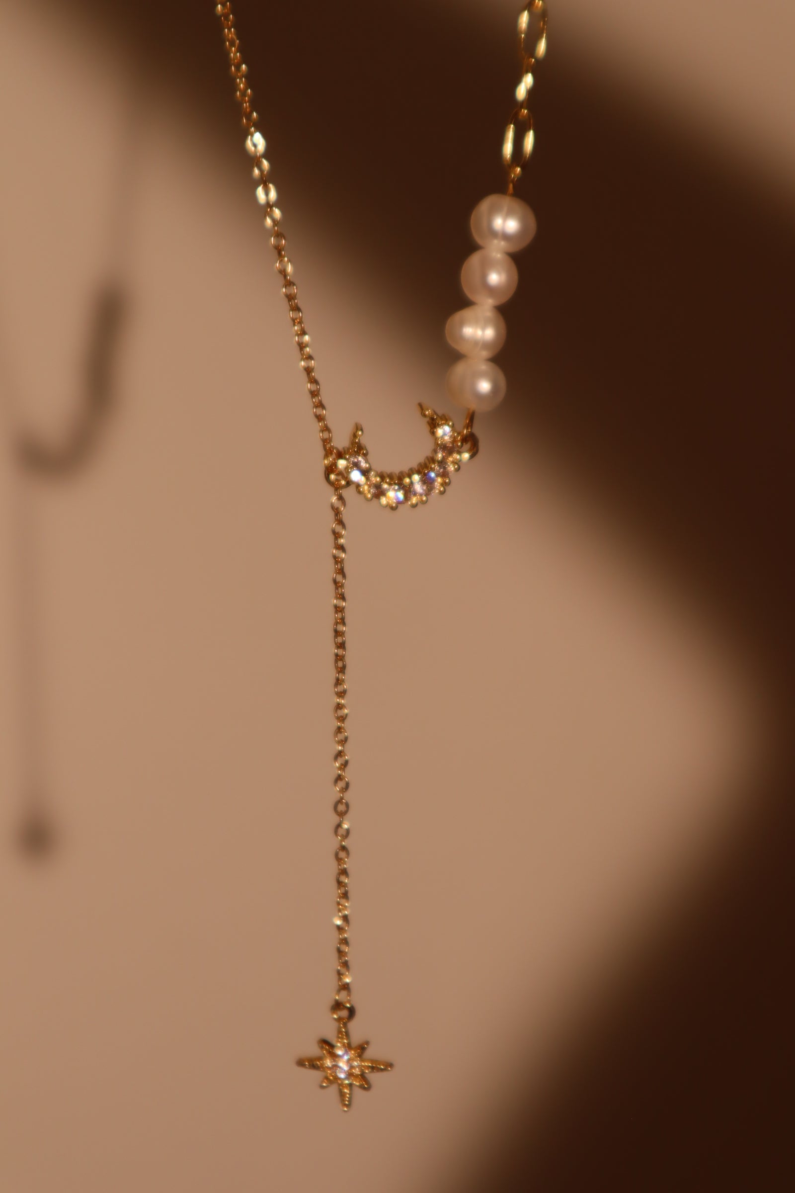 14K Real Gold Plated Pearl Moon Star Necklace