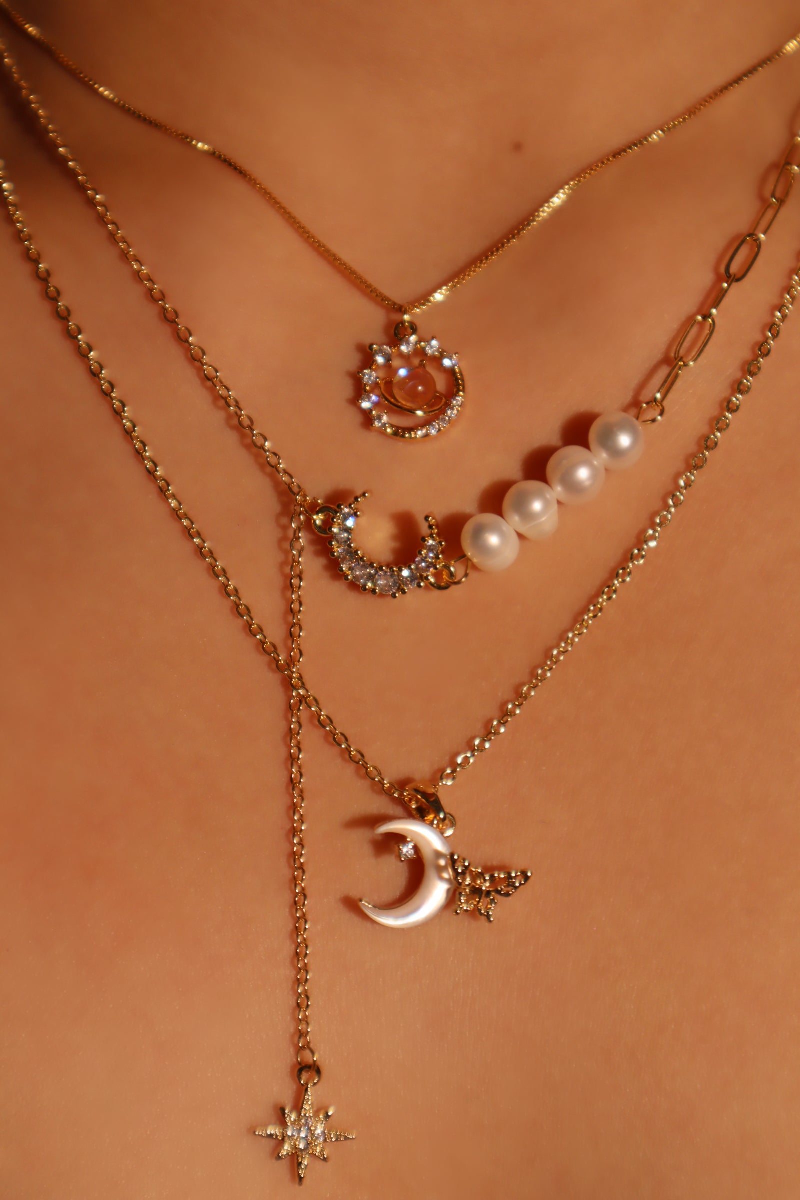14K Real Gold Plated Pearl Moon Star Necklace
