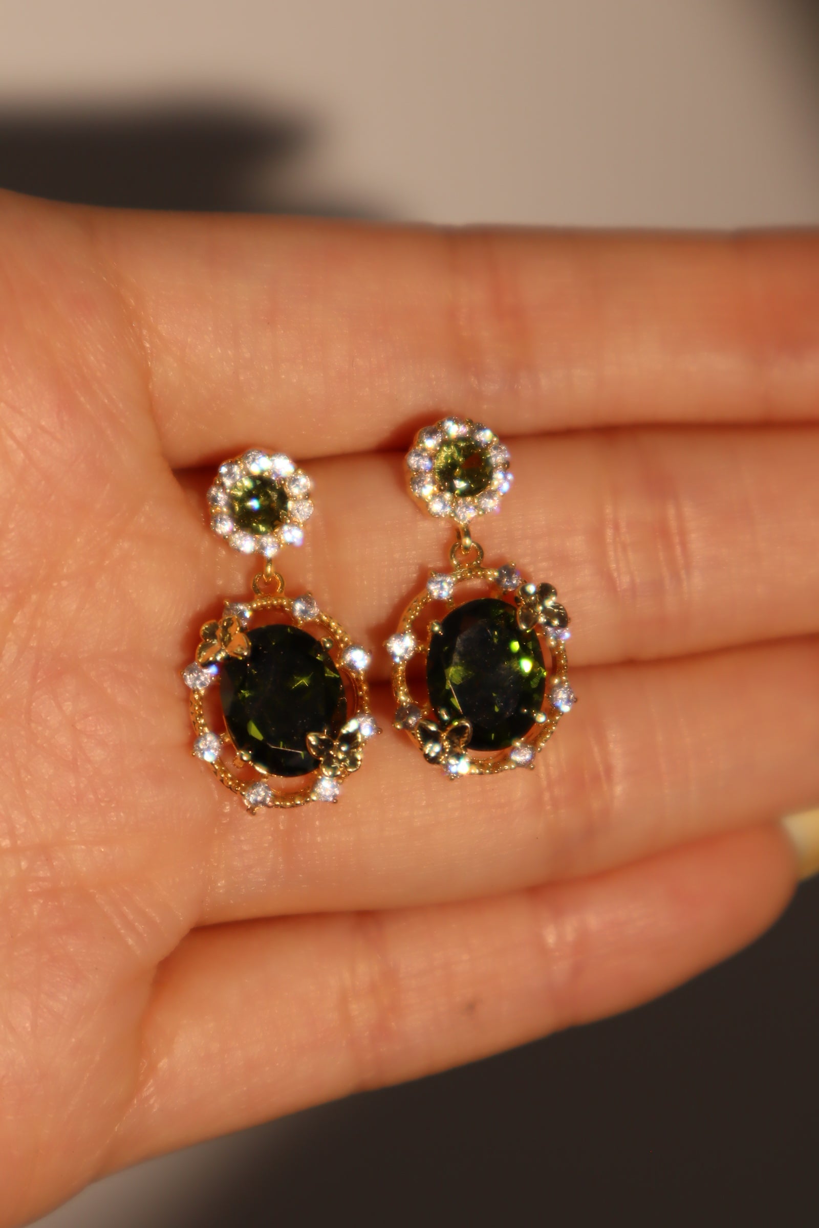 14K Real Gold Plated Emerald Butterfly Earrings