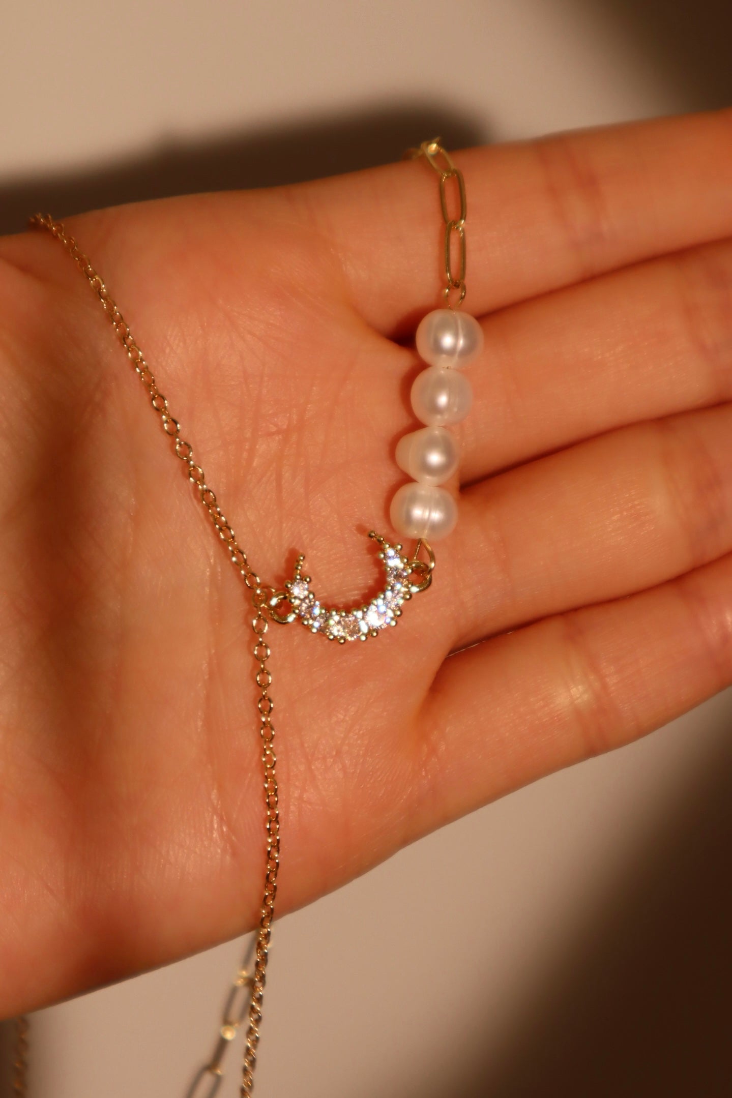 14K Real Gold Plated Pearl Moon Star Necklace