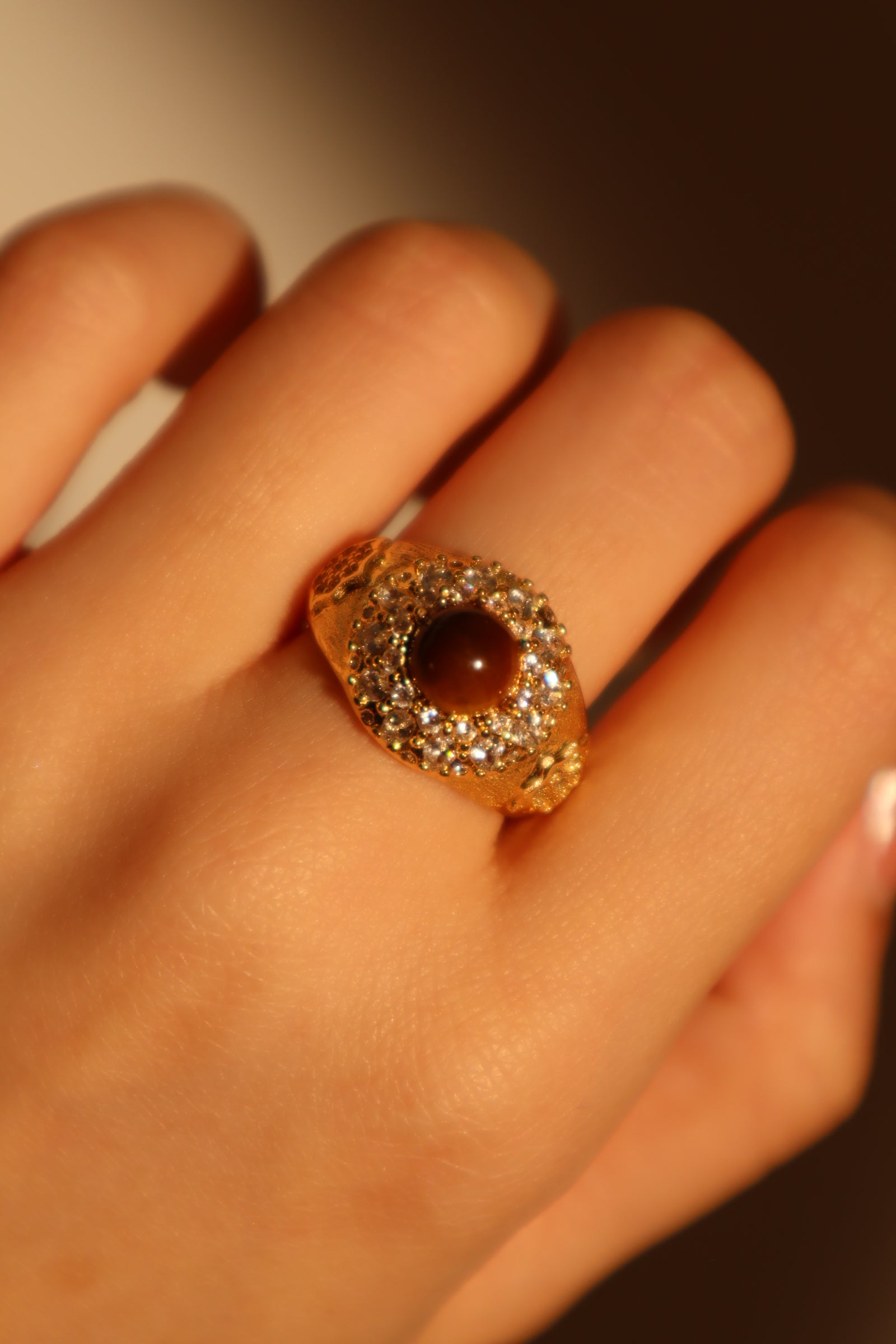 18K Real Gold Plated Tigerite Brown Gem Ring