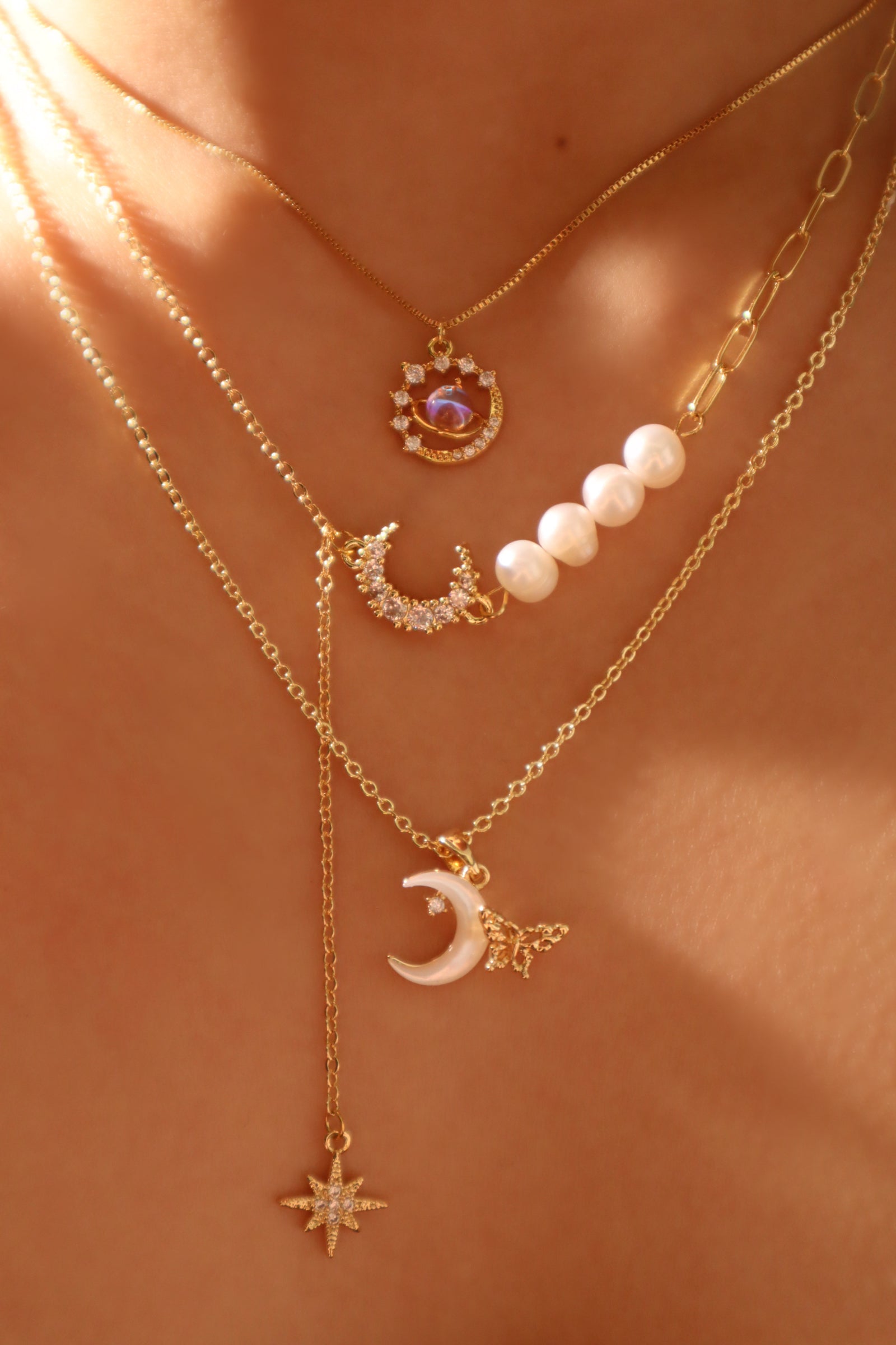 14K Real Gold Plated Moonstone Saturn Star Necklace