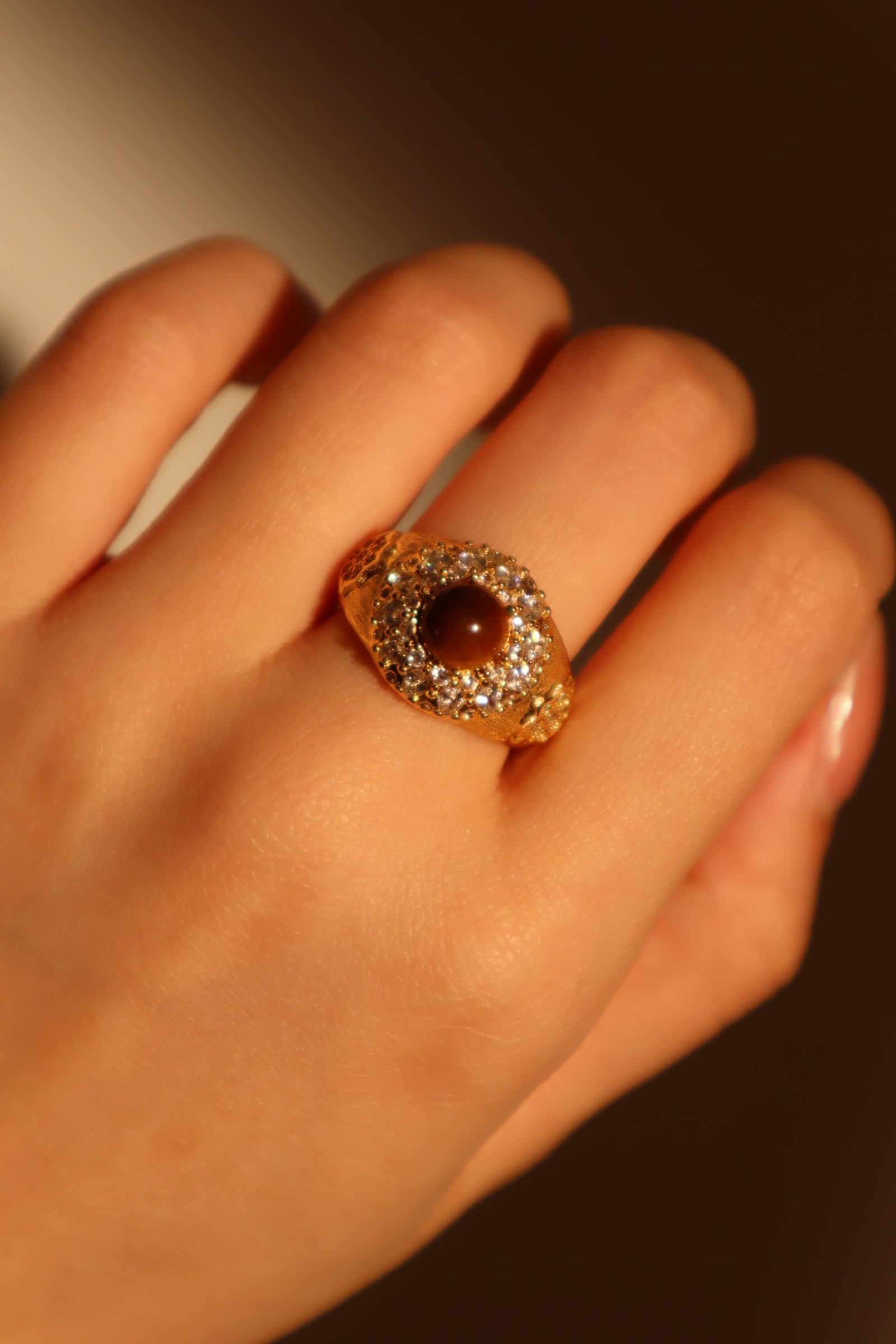 18K Real Gold Plated Tigerite Brown Gem Ring