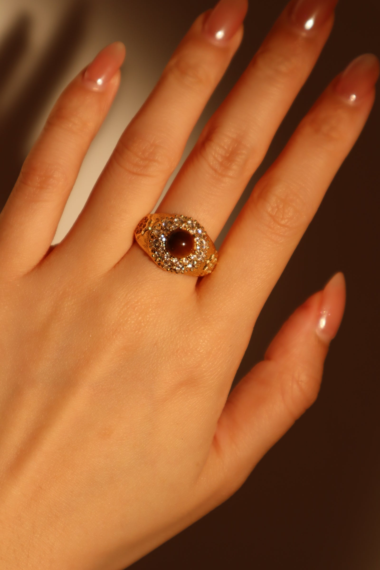 18K Real Gold Plated Tigerite Brown Gem Ring