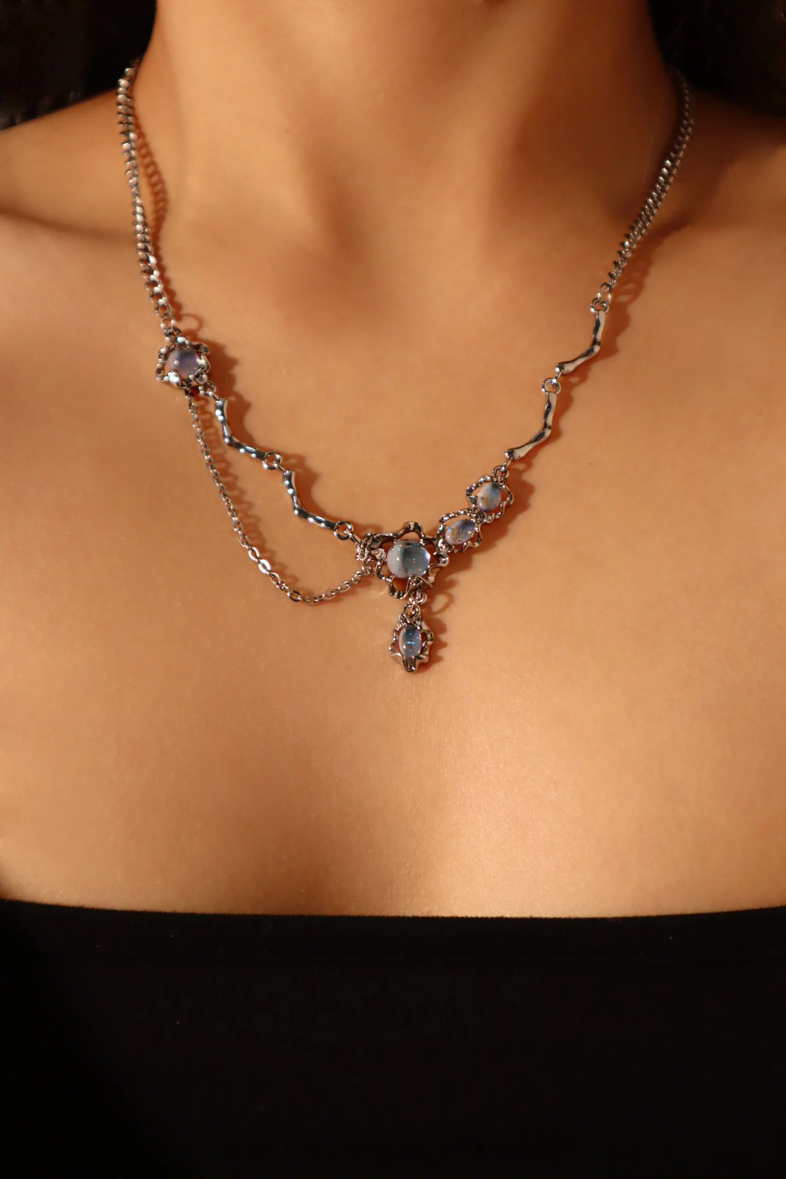 Deep Blue Moonstone Dangle Necklace